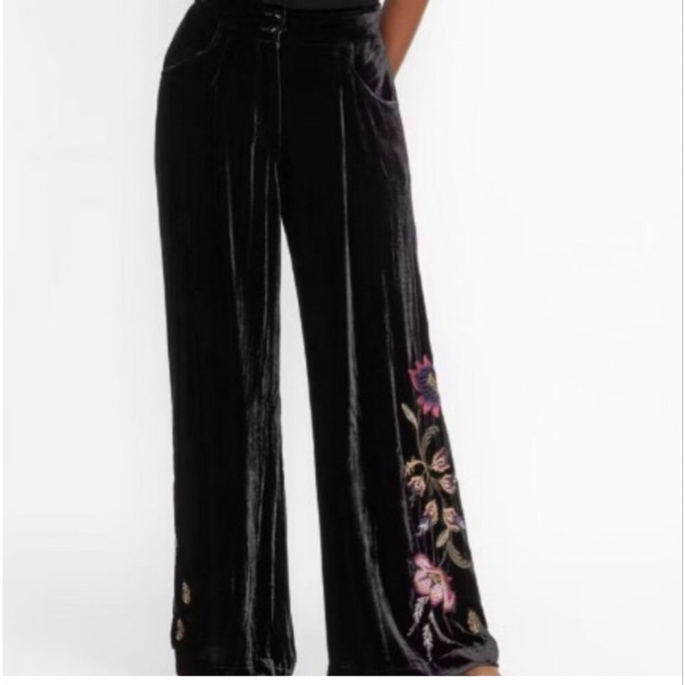 NWT JOHNNY WAS $328 (S) Steffania WIDE LEG EMBROIDERED VELVET PANTS BLACK - Picture 2 of 11